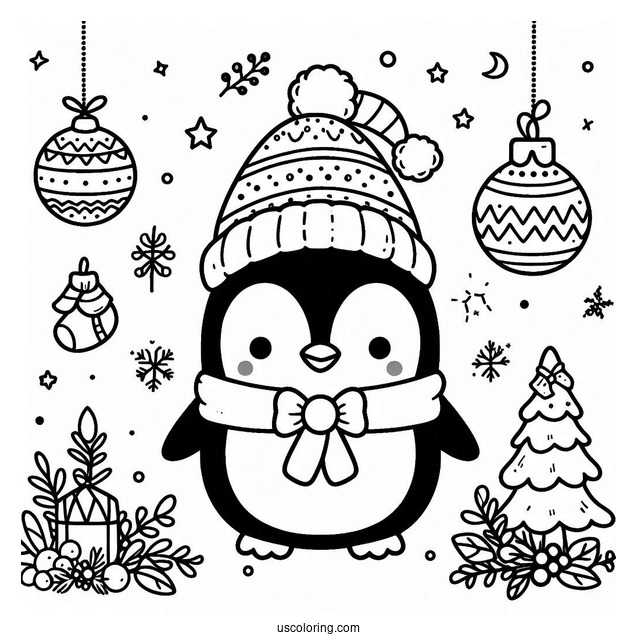 Cute Christmas Penguin With Decorations Coloring