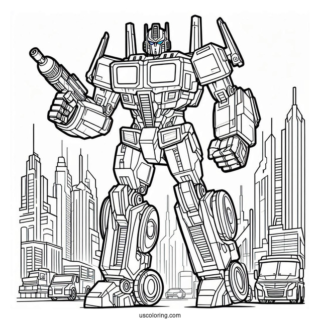Simple Optimus Prime Coloring Page Outline With Ion Blaster In City