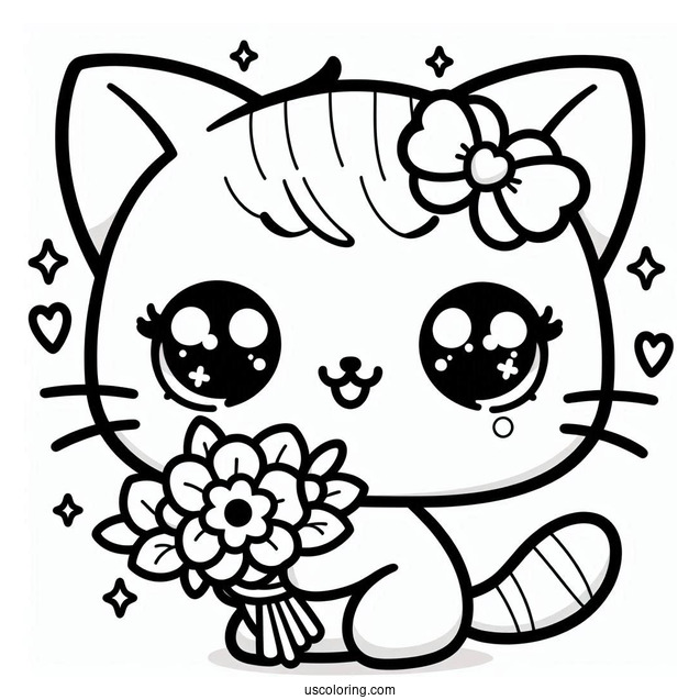 Kawaii Cat Holding A Flower Bouquet Coloring Sheet