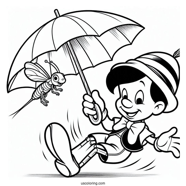 Pinocchio Coloring Page Of Jiminy Cricket Floating Down Using Umbrella