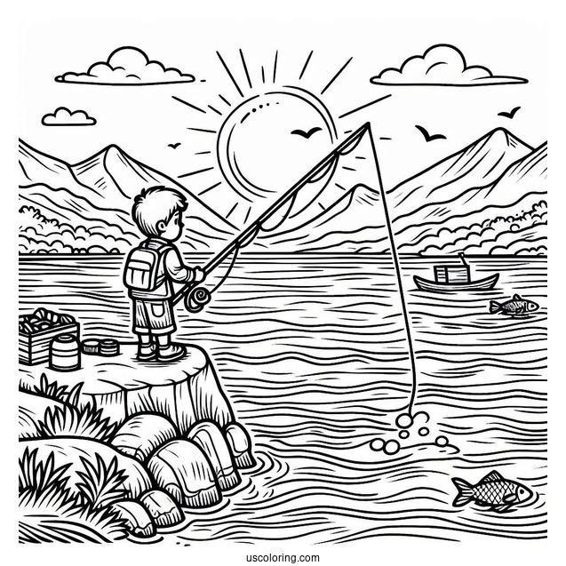 Fishing Coloring Page Of Boy Fishing On A Cliff For Kids