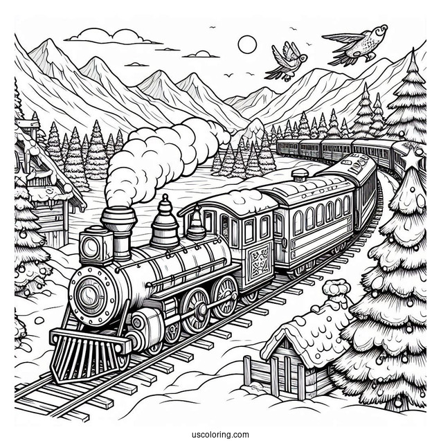 Detailed North Pole Coloring Page Train