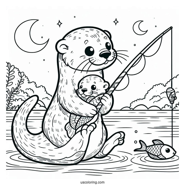 Daddy Otter Coloring Page With Fishing Rod And Baby Otter Carrying Fish