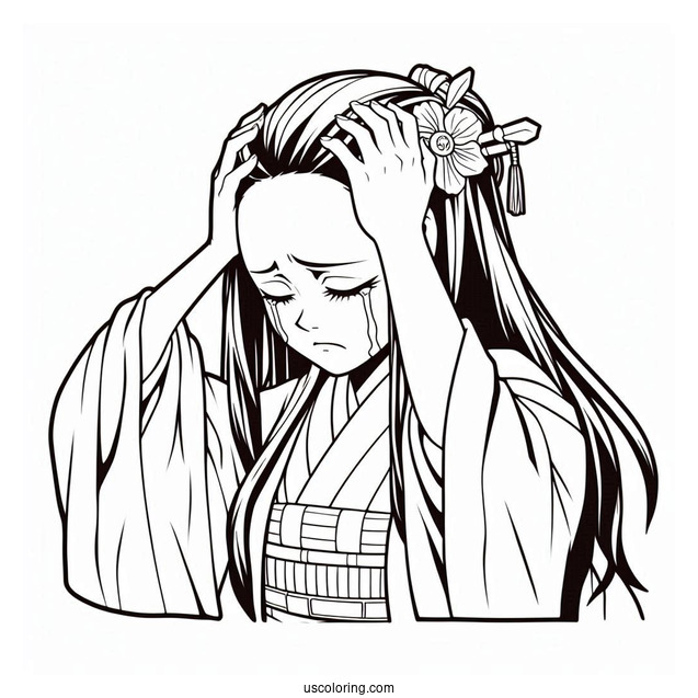 Nezuko Coloring Page Holding Head While Crying