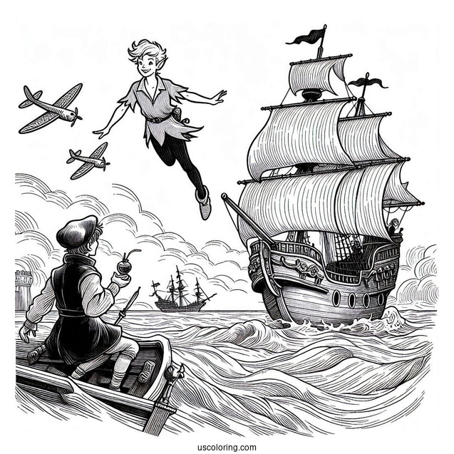 Peter Pan And Wendy Flying Over Captain Hook_s Ship Coloring Page