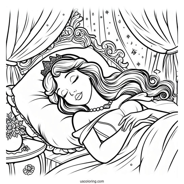 Sleeping Beauty Asleep In Bed Coloring Page