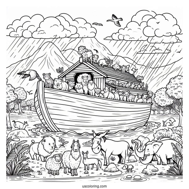 Noah's Ark Coloring Page Of Animals On The Ark During The Flood