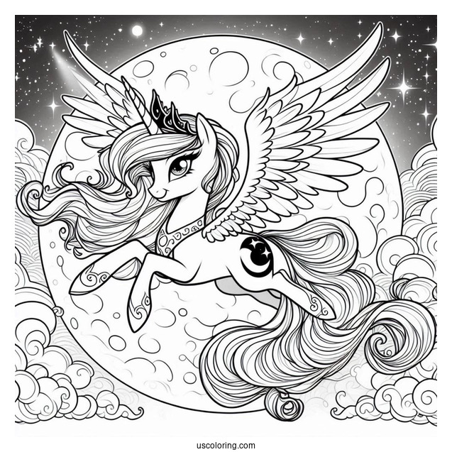 Princess Luna Coloring Page Flying In Front Of A Full Moon