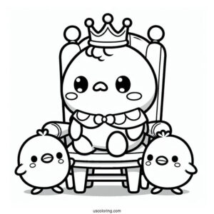 Pochacco Coloring Page Wearing Crown While Sitting On Chair With Choppy And Chicks