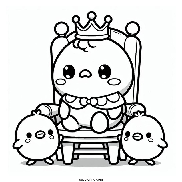 Pochacco Coloring Page Wearing Crown While Sitting On Chair With Choppy And Chicks