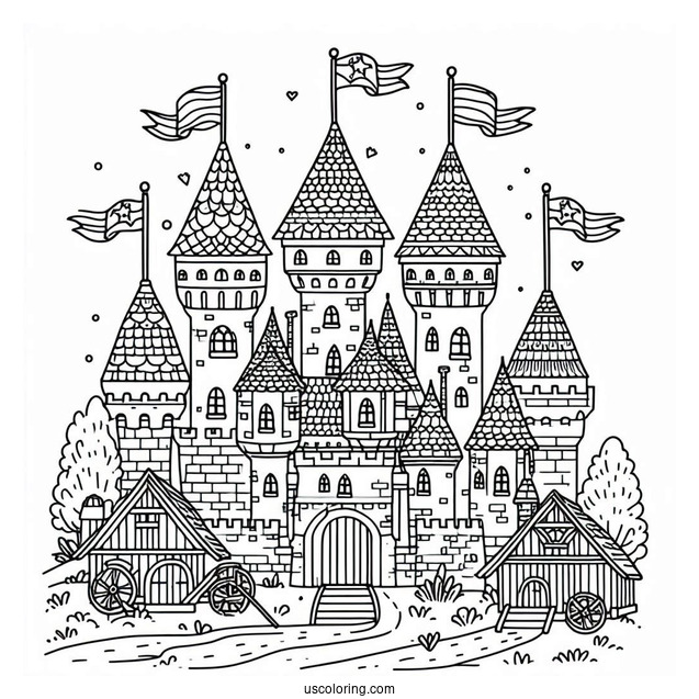 Castle Coloring Page With Flags In A Village For Kids