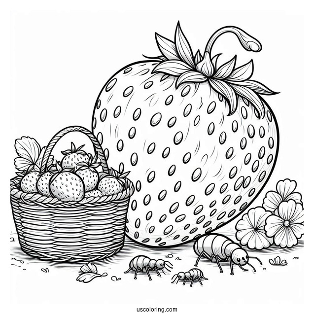 Giant Strawberry Coloring Page Beside A Basket With Ants