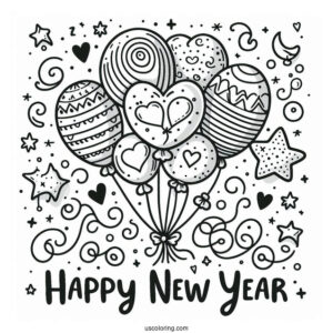Happy New Year Coloring Page Of Balloons With Love Hearts And Stars