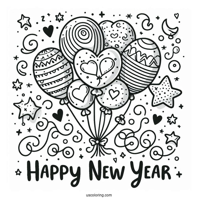 Happy New Year Coloring Page Of Balloons With Love Hearts And Stars