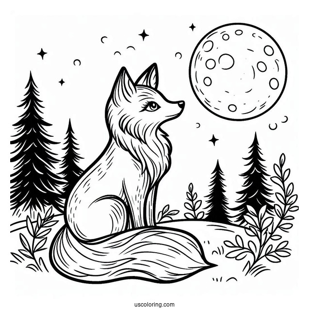 Fox Coloring Page Looking At Full Moon