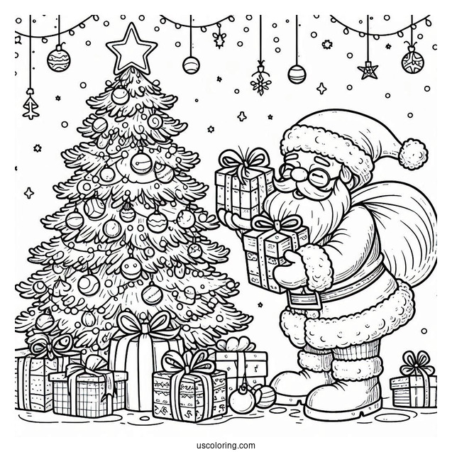 Father Christmas Putting Presents Under a Tree