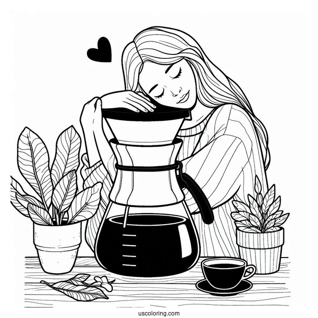 Coffee Coloring Pages Of Easy Woman Hugging Chemex Coffee Maker For Kids