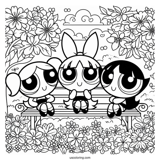 The Powerpuff Girls Sitting In a Park With Flowers