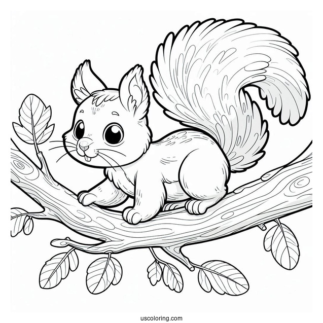 Cartoon Squirrel Coloring Page Climbing Tree Branch For Kids