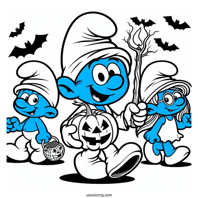 Detailed Halloween Smurfs Coloring Page