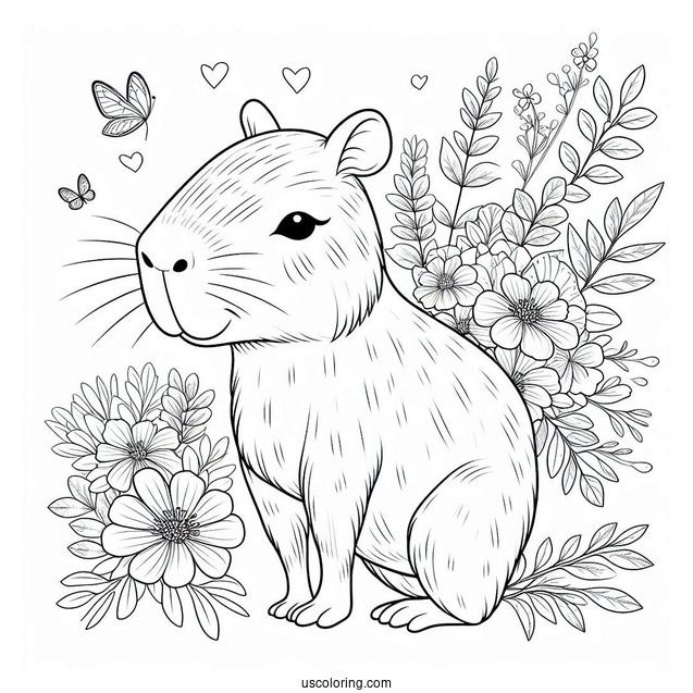 Cute Capybara Coloring Page With Flowers For Kids