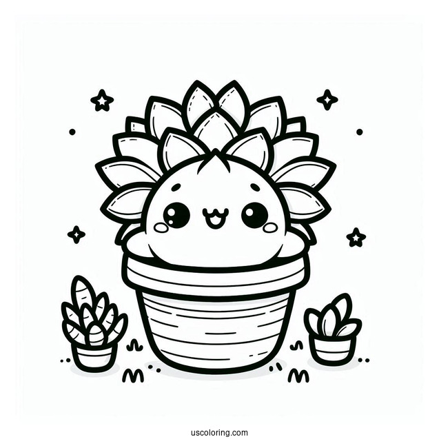 Kawaii Succulent Coloring Page In A Pot For Preschoolers