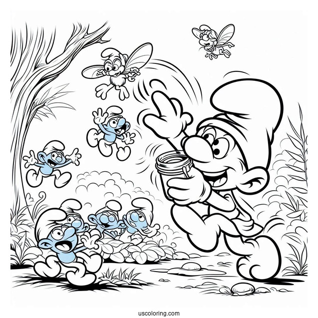 Coloring Page Of Gargamel Trying To Catch Smurfs
