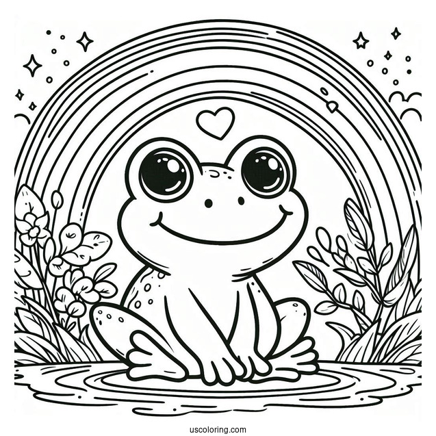 Smiling Frog Sitting Below A Rainbow Coloring Page