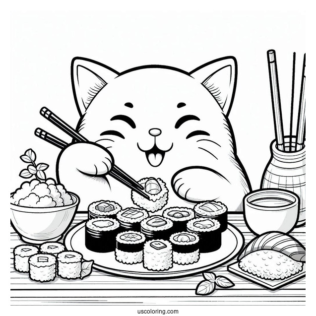 Hungry Cat Enjoying Sushi Coloring Page