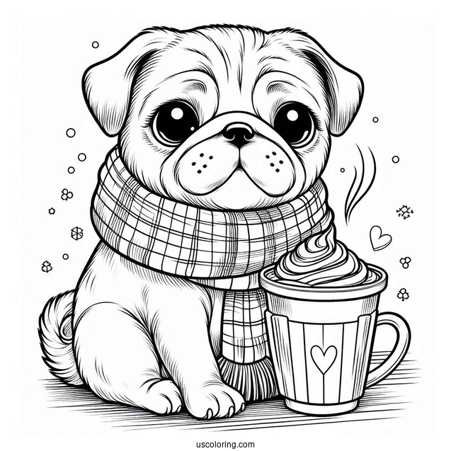 Winter Pug with Latte and Scarf Coloring Page