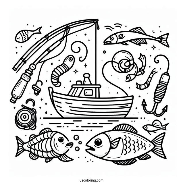 Fishing Coloring Page Rods, Bobber, Hook, Fishes, Worm, And Boat