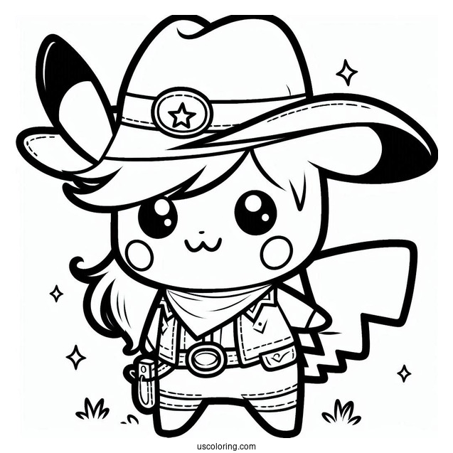 Kawaii Cowboy Coloring Page Pikachu For Kids