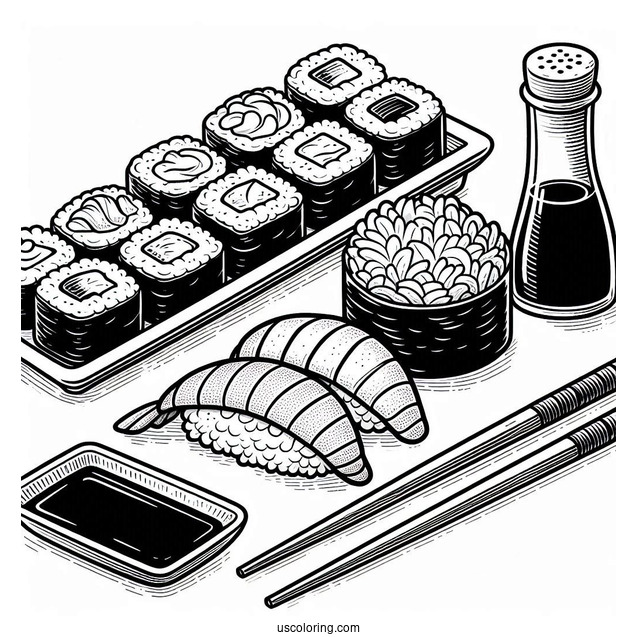 Uramaki, Nigiri, And Temari Sushi Coloring Pages With Chopsticks And Soy Sauce