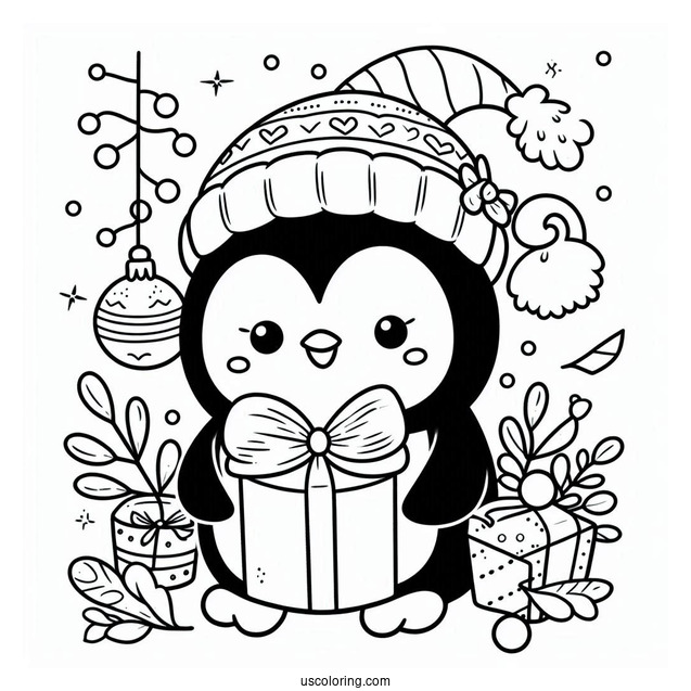 Cute Christmas Penguin With Decorations Coloring