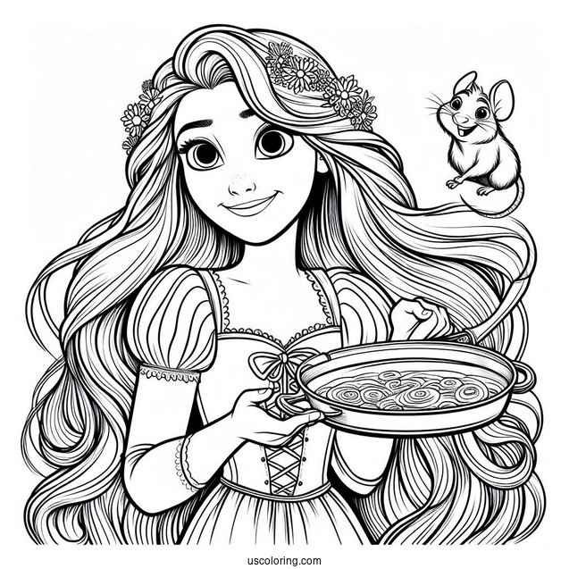 Rapunzel Holding Pan With Pascal To Color