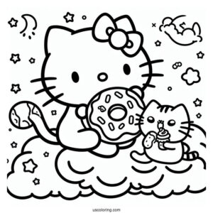 Hello Kitty And Pusheen Eating Donut On Clouds