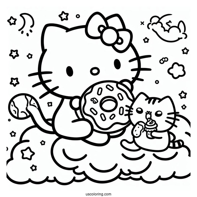 Hello Kitty And Pusheen Eating Donut On Clouds