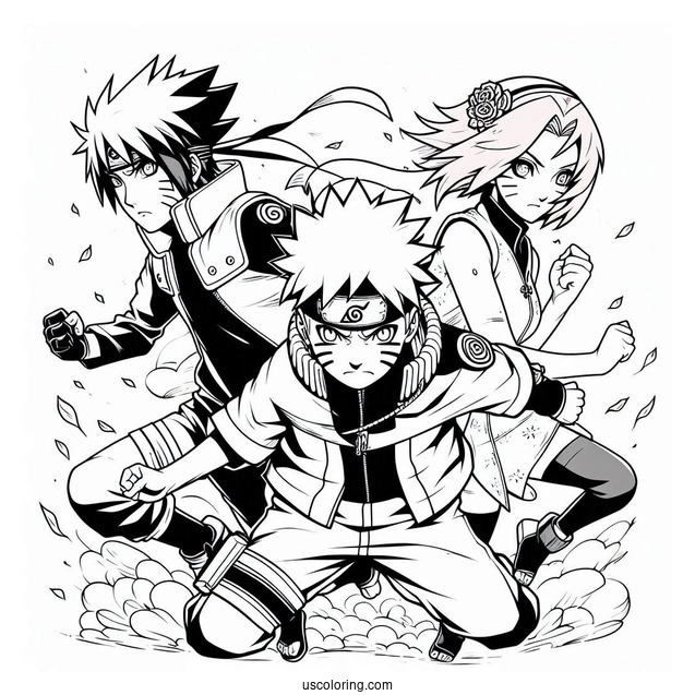 Naruto Coloring Page With Sasuke, Sakura, And Kakashi In Fight