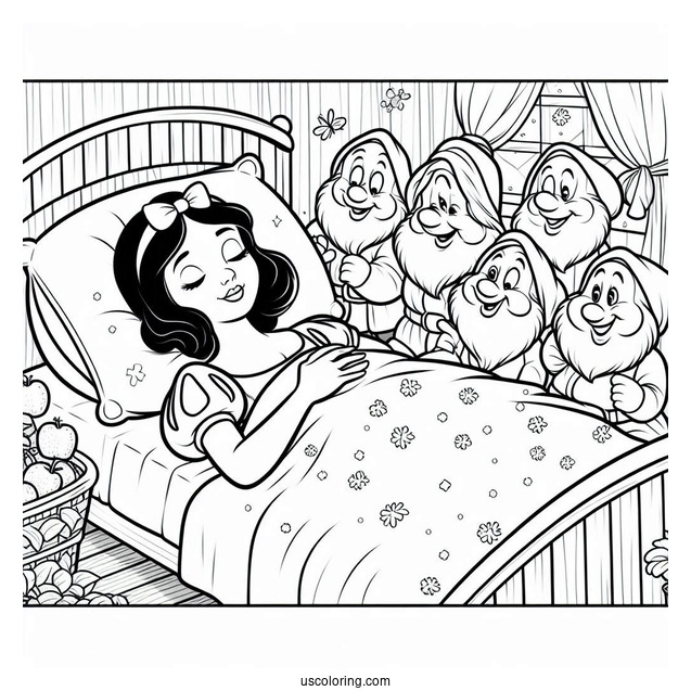 Snow White In Bed Being Woken Up By The Seven Dwarfs