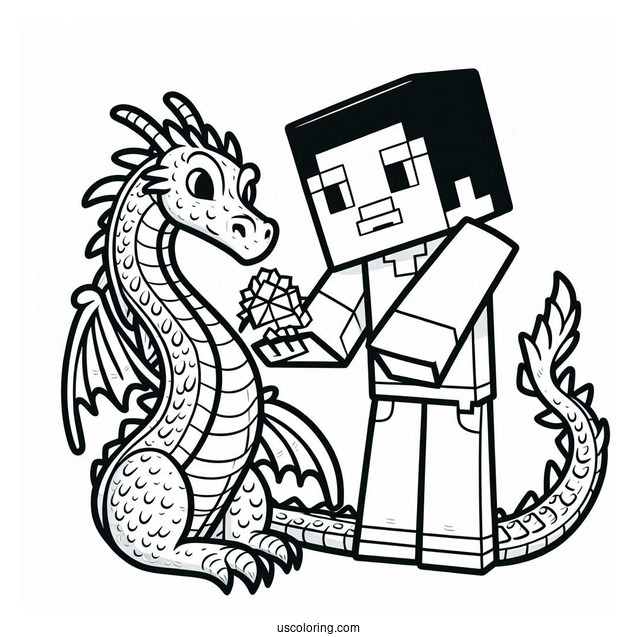 Minecraft Steve With Dragon Coloring Page For Kids