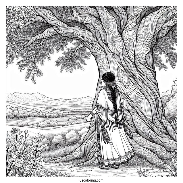 Realistic Native American Coloring Page Girl Standing Under Huge Tree
