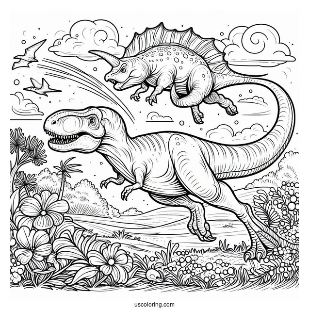 T Rex Chasing Parasaurolophus Coloring Page