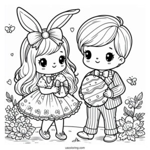 Girl And Boy Easter Bunny Coloring Page Carrying Easter Egg With Bow