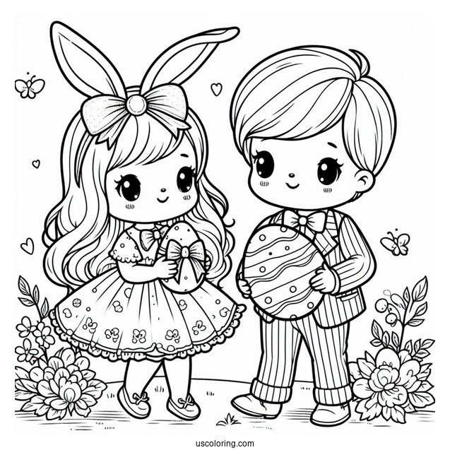 Girl And Boy Easter Bunny Coloring Page Carrying Easter Egg With Bow