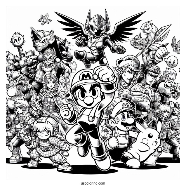 Super Smash Bros Coloring Page Of Mega Man, Dark Bowser, Zelda, Mario, Kid Icarus .Star Fox, Kirby, Donkey Kong, And Pikachu
