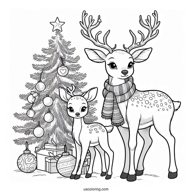 Adult Reindeer Next To Christmas Tree
