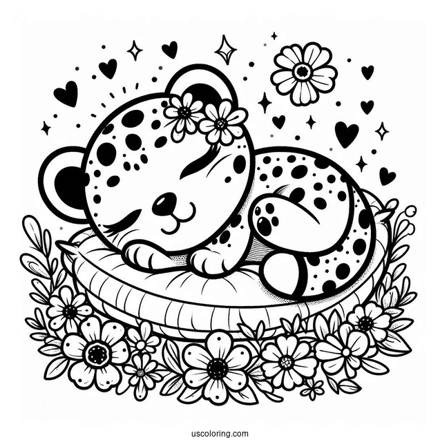Kawaii Cheetah Coloring Page Sleeping On Its Back With Flowers