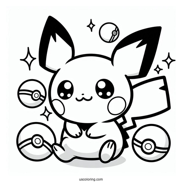 Kawaii Pichu Coloring Page With Pokeballs In The Background