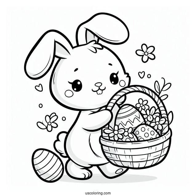 Easter Bunny Coloring Page Cartoon Carrying Basket Of Eggs