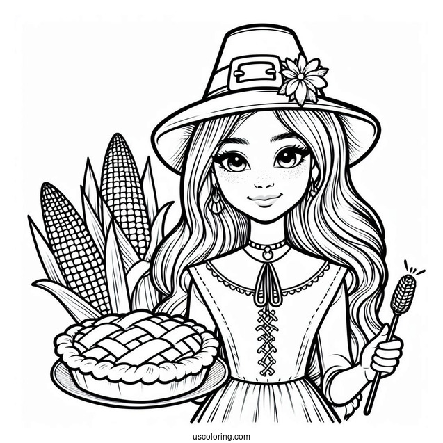 Female Pilgrim Coloring Page With A Pie And Native American With Corns